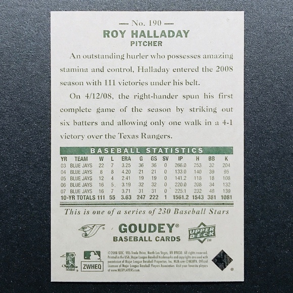 Roy Halladay - 2008 Upper Deck Goudey #190 - Picture 2 of 2